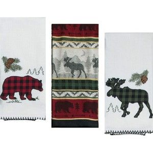 3 Cabin Lodge Themed Decorative Kitchen Towels Set-Bear & Moose Print